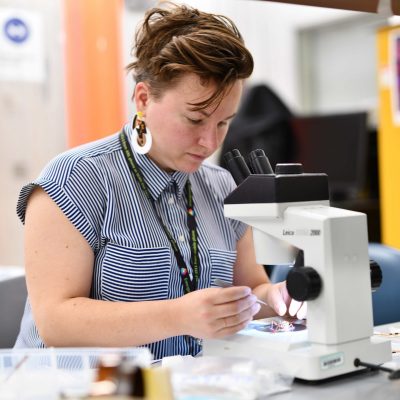Mary looking at bugs Under A Scope