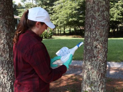 Person reading a pesticide product label.